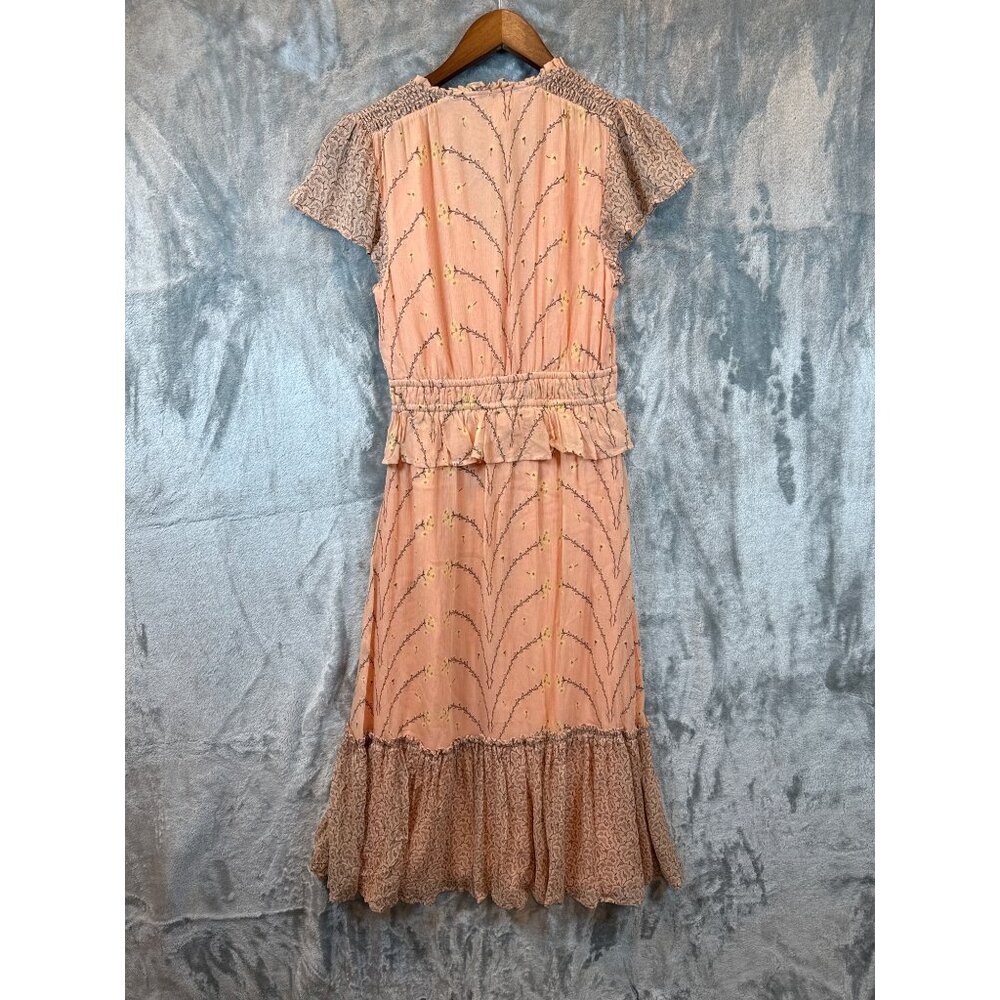 Paige Womens XS Peach Print Ruffle Midi Dress Silk - Picture 5 of 8
